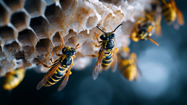 Macro view of wasps hanging on a paper nest. Yellow jacket insects on hive cells with dark blue background. Close up wildlife photography