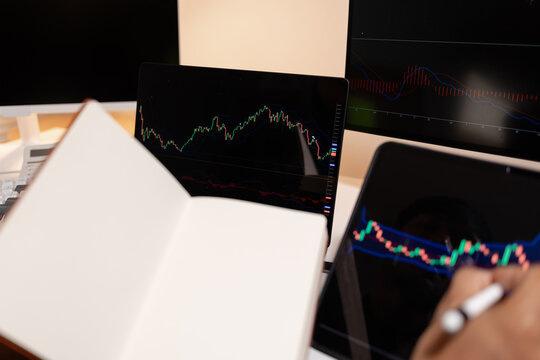 Professional stock trader reviewing market charts with sticky notes across multiple monitors, laptop, and tablet to analyze price trends, plan trading strategies, and manage investment decisions.