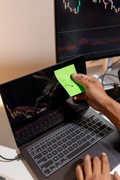 Professional stock trader reviewing market charts with sticky notes across multiple monitors, laptop, and tablet to analyze price trends, plan trading strategies, and manage investment decisions.