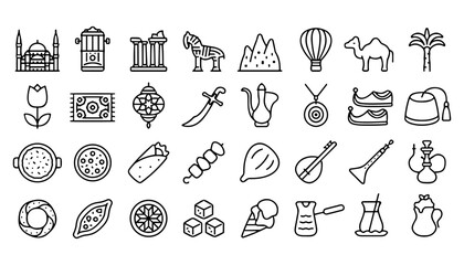 Fototapeta premium Turkey Culture and Travel Icon Set with Outline Traditional Symbols Including Mosque, Tram, Kebab, Turkish Tea, and Cappadocia Balloons for Middle East Tourism Designs