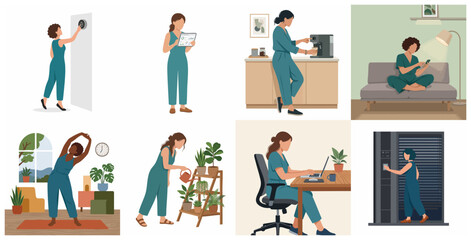 Fototapeta premium Modern Woman Daily Routine and Smart Home Lifestyle Illustration Set