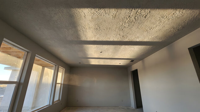 Modern home interior with textured drywall ceiling | Sunlit room under construction with knockdown ceiling texture | Empty room interior design with large windows and sunlight shadows 