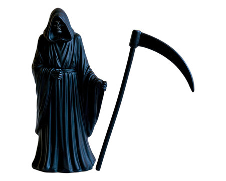 Dark grim reaper figure with scythe isolated on transparent background PNG element