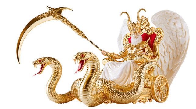 Golden grim reaper chariot pulled by three serpents holding a scythe isolated on transparent background png element