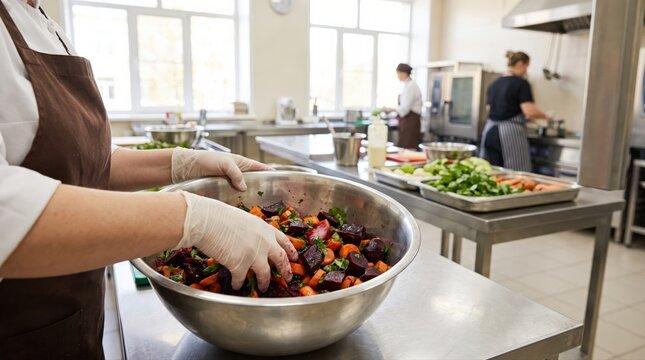 A professional chef, wearing gloves, mixes fresh diced vegetables in a large stainless steel bowl. This demonstrates efficient, hygienic food preparation for healthy commercial catering services.