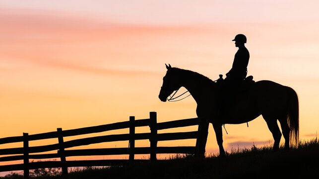 dismounting. A rider dismounting a horse near a fence at dusk, warm sunset colors. inspiring travel planning, wildlife magazines, designed for wildlife conservation campaigns.