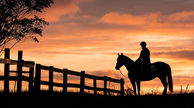 dismounting. A rider dismounting a horse near a fence at dusk, warm sunset colors. inspiring travel planning, wildlife magazines, designed for wildlife conservation campaigns.