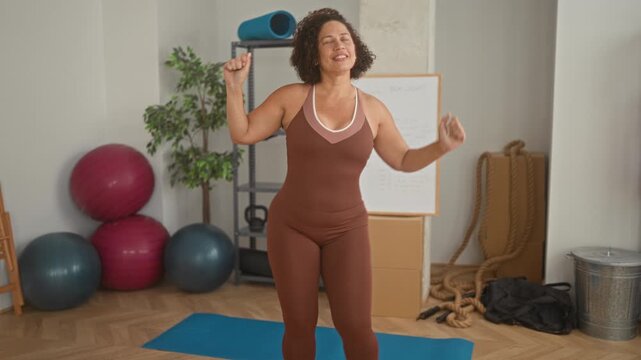 Woman on blue yoga mat raising arms and smiling while exercising near stability balls and battle rope in a studio; joyful movement.