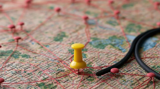 Close-up of a Yellow Pushpin Marking a Location on a Detailed Map with Red String Connecting Points