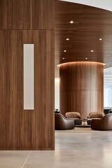 Fototapeta premium Modern Luxury Office Lobby with Rich Walnut Wood Paneling and Plush Seating Area