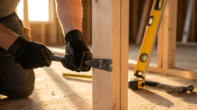 Professional carpenter adjusting wooden wall studs | Home construction framing process | Worker using crowbar on timber | Interior house renovation and carpentry