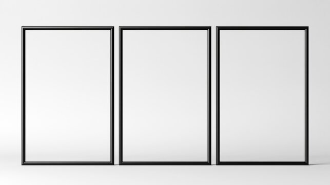 Three blank vertical black framed picture mockups on a clean white background for displaying art or photography
