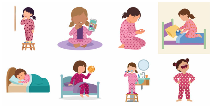 Little girl losing her baby tooth and waiting for the tooth fairy illustration set, childhood milestones and dental health concept.