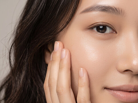 Generative AI, A beautiful young Asian woman with clean, fresh skin against a white background. Skincare, facial treatment, cosmetology, beauty, and spa. An elegant portrait of an Asian woman,