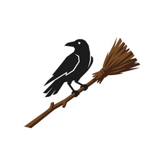 Obraz premium Black crow perched on a wooden witch broomstick on a white background.