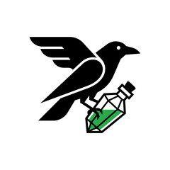 Obraz premium Black raven carrying a green potion bottle isolated on a white background.