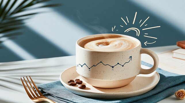 Steaming Hot Coffee Cup with Frothy Foam and Growth Chart Design, Bathed in Morning Sunlight