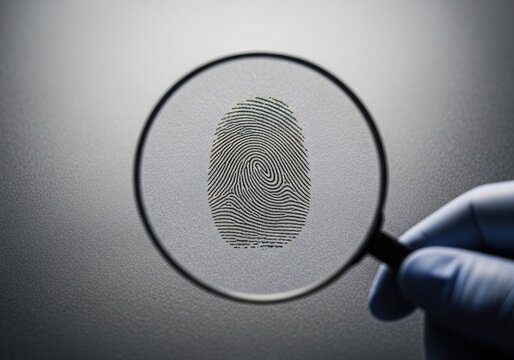 Gloved hand using magnifying glass to study fingerprint
