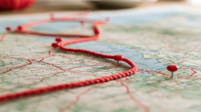 Red string tracing a travel route with pins across a detailed map, illustrating journey planning and exploration