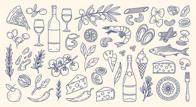 A collection of Italian food line art icons and food icons featuring Mediterranean cuisine elements in a hand drawn sketch style for menu design
