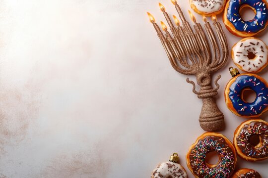 Hanukkah menorah with burning candles and sweet colorful glazed donuts on a light background for holiday