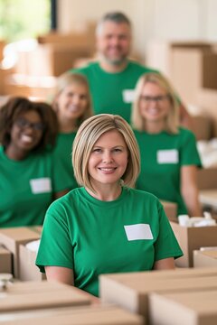 Diverse group of smiling volunteers in green t-shirts packing boxes for donation, community support and charity work