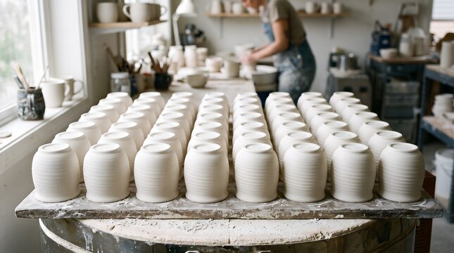 Rows of unglazed white ceramic mugs drying on a shelf in a pottery studio.