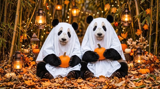 pandas wearing ghost costumes holding pumpkins