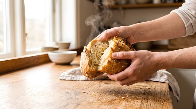 A pair of hands tearing open a fresh loaf of crusty bread with steam rising in a warm kitchen.
