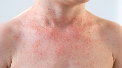 Naklejka premium Close up of a red sandpaper rash on a person's chest and neck caused by scarlet fever.