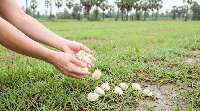 Hands scattering bay ben sticky rice balls into the grass for spirits during the Pchum Ben festival.