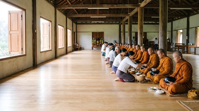 A group of Cambodian monks in orange robes receives food offerings from laypeople inside a large monastery hall during the Pchum Ben festival.