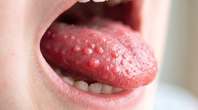 Macro close-up showing the red strawberry tongue symptom of scarlet fever with enlarged papillae.
