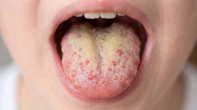 A detailed macro photograph of a white strawberry tongue with a yellowish coating and swollen red papillae as seen in scarlet fever.