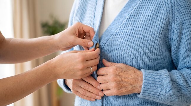 A caregiver's hands tenderly help an elderly woman button her blue knitted cardigan.