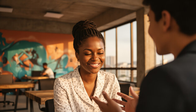 Happy smiling African American female employee having a pleasant informal conversation with a colleague in a warm sunlit modern coworking space during a corporate meeting