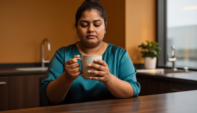 Pensive Indian female corporate employee in a teal blouse sitting alone in a modern office kitchen looking down at a coffee cup feeling tired or overwhelmed during break