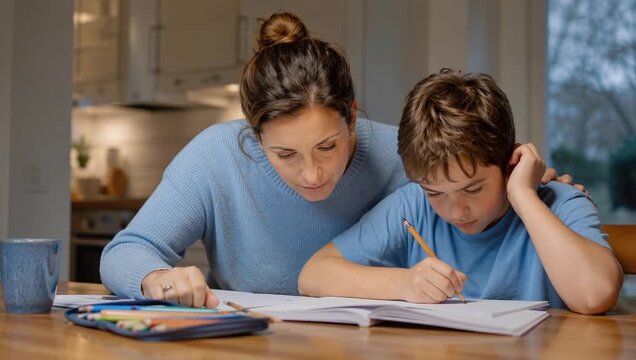 Mother assisting her school-aged son with homework at the kitchen table during an evening study session