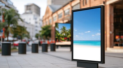 Fototapeta premium Modern Digital Billboard Displaying Tropical Beach Scene on a City Street