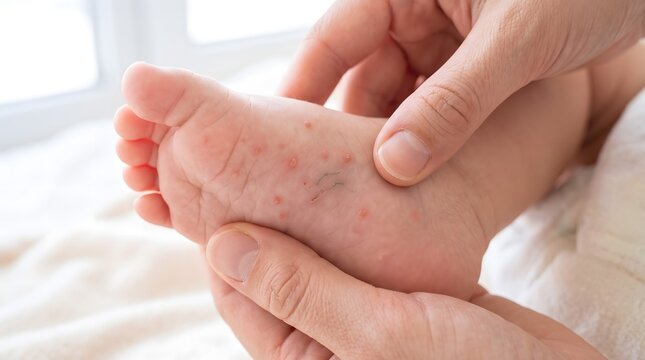 An infant's foot held by an adult showing clinical symptoms of a scabies infestation including red papules and burrow tracks.