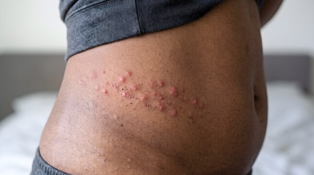 A clinical close-up of a scabies rash featuring red papules and burrows on the abdomen of a person with dark skin.