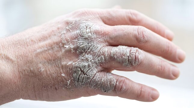Clinical close-up of a human hand with severe crusted scabies showing thick grey-white scaling and deep fissures