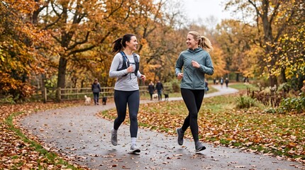 Fototapeta premium Two female friends enjoy a social run along a leaf-covered park path on a crisp autumn day.