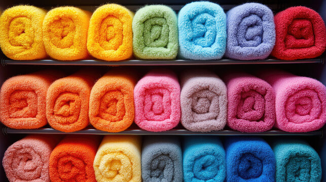 Vibrant Rolled Towels Displayed on Shelves - Rainbow Color Spectrum