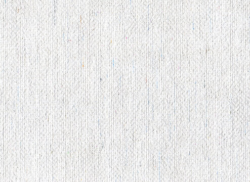 Coarse canvas paper exposes an open woven grain with recycled fiber flecks across a rugged white surface suited to painted media pencil shading printmaking texture overlays and artist backgrounds