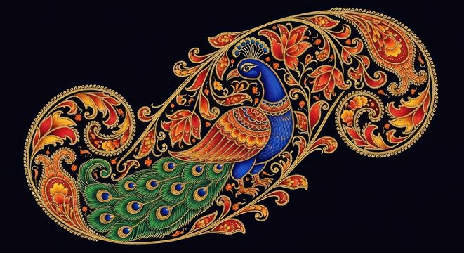 Exquisite Peacock Design with Intricate Floral Patterns.