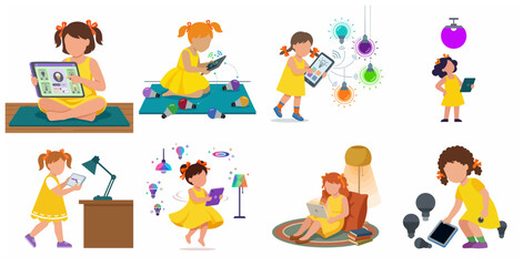 Fototapeta premium Little Girl Controlling Smart Home Lighting with Tablet and Smartphone, Flat Vector Illustration Set for Modern Technology and IoT Concepts