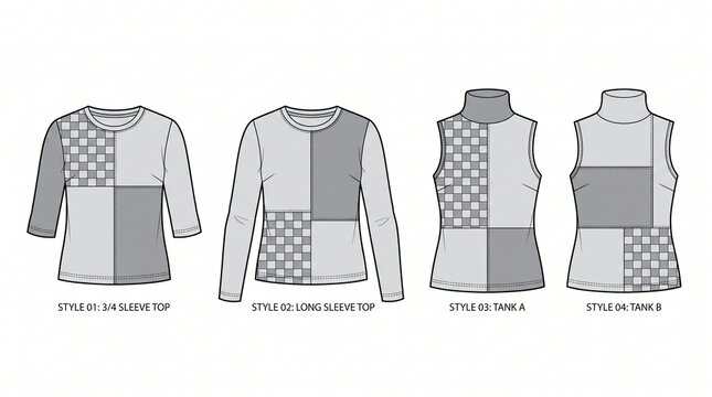 Fashion Technical Flat Sketch Set of Women's Patchwork Tops, 3/4, Long Sleeve and Tank Styles