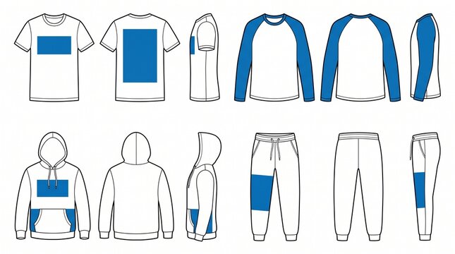 Apparel Template Set: White T-shirt, Raglan, Hoodie, and Joggers Vector Mockup