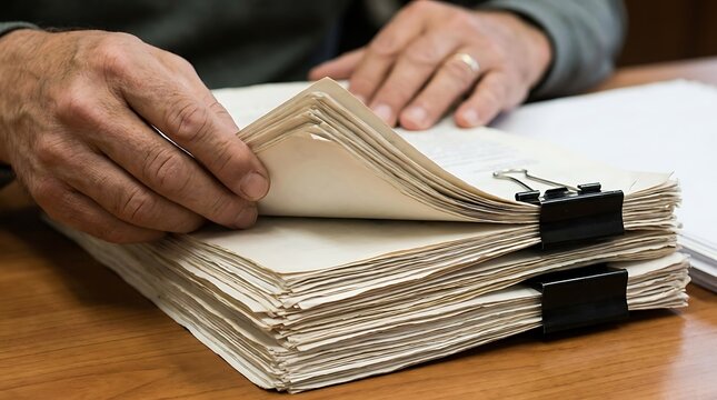 Closeup of a persons hands reviewing a thick stack of paper documents